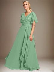 A-line V-Neck Floor-Length Lace Chiffon Mother of the Bride Dress With Cascading Ruffles Sequins