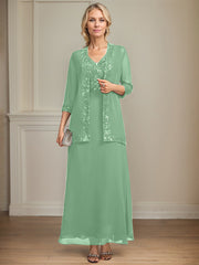A-line V-Neck Ankle-Length Lace Sequin Chiffon Mother of the Bride Dress