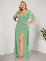 Sheath/Column V-Neck Floor-Length Lace Chiffon Mother of the Bride Dress With Sequins