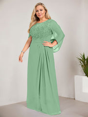 A-line Scoop Illusion Floor-Length Lace Chiffon Mother of the Bride Dress With Sequins Pleated