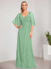 A-line V-Neck Floor-Length Lace Chiffon Mother of the Bride Dress With Sequins Beading