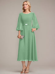 A-line Scoop Tea-Length Chiffon Mother of the Bride Dress With Crystal Brooch Pleated