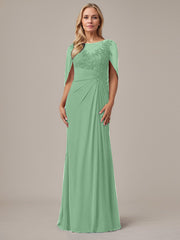 A-Line Floor-Length Boat-Neck Lace Capelet Chiffon Mother of the Bride Dress