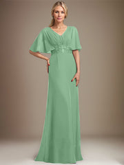 A-line V-Neck Floor-Length Chiffon Mother of the Bride Dress With Sequins Appliques Lace Pleated
