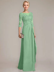 A-line Scoop Illusion Floor-Length Chiffon Lace Mother of the Bride Dress With Beading Sequins Cascading Ruffles
