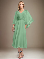 A-line V-Neck Tea-Length Chiffon Lace Mother of the Bride Dress With Sequins Beading