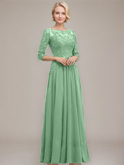 A-line Boat Neck Illusion Floor-Length Chiffon Lace Mother of the Bride Dress With Sequins Beading
