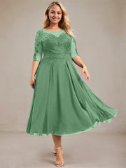 A-line Scoop Illusion Tea-Length Lace Chiffon Mother of the Bride Dress With Sequins