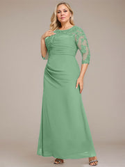 A-line Scoop Floor-Length Chiffon Lace Mother of the Bride Dress With Sequins Beading Pleated