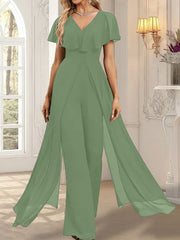 Jumpsuit/Pantsuit V-Neck Floor-Length Chiffon Evening Dress