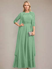 A-line Scoop Illusion Floor-Length Lace Chiffon Mother of the Bride Dress With Pleated