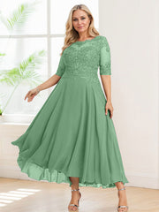 A-line Illusion Boat Neck Asymmetrical Chiffon Lace Mother of the Bride Dress With Sequins Beading