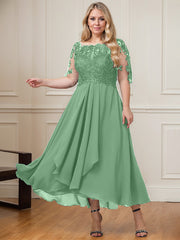 A-line Boat Neck Illusion Asymmetrical Lace Chiffon Mother of the Bride Dress With Cascading Ruffles Sequins