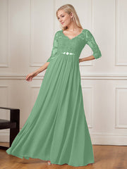 A-Line Floor-Length V-Neck Lace Chiffon Mother of the Bride Dress