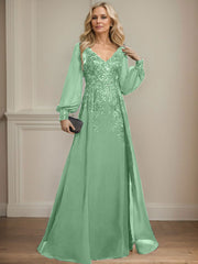 A-Line V-Neck Long Sleeves Floor-Length Chiffon Mother Of The Bride Dresses With Lace