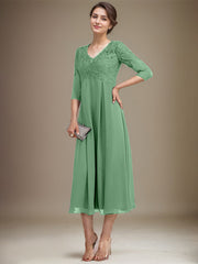 A-line V-Neck Tea-Length Chiffon Lace Mother of the Bride Dress With Beading