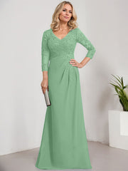 Sheath/Column V-Neck Illusion Floor-Length Lace Chiffon Mother of the Bride Dress With Pleated Sequins