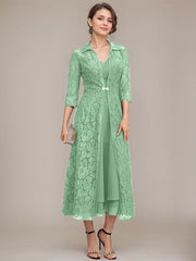 A-line V-Neck Tea-Length Chiffon Mother of the Bride Dress