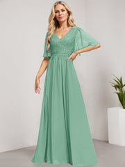 A-line V-Neck Floor-Length Lace Chiffon Mother of the Bride Dress With Sequins