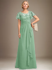 A-line Asymmetrical Illusion Floor-Length Lace Chiffon Mother of the Bride Dress With Cascading Ruffles Sequins