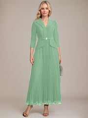 A-line Collared V-Neck Ankle-Length Chiffon Mother of the Bride Dress With Beading Pleated