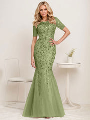 Floral Sequin Print Maxi Long Fishtail Tulle Mother Of The Bride Dresses