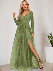 A-line V-Neck Floor-Length Tulle Prom Dresses With Sequins Appliques Lace Beading