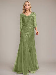 Trumpet/Mermaid Illusion V-Neck Floor-Length Tulle Sequin Lace Mother of the Bride Dress