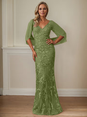 Sheath V-Neck Floor-Length Tulle Mother of the Bride Dress