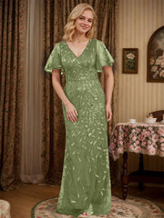 Sheath V-neck Short Sleeves Floor-Length Lace Mother of the Bride Dress