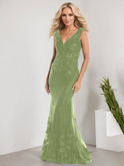 A-line V-Neck Floor-Length Lace Chiffon Mother of the Bride Dress With Applique Sequins Mermaid Dresses