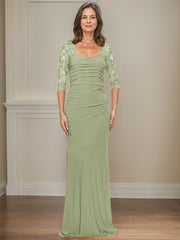 Sheath/Column Square Neckline 3/4 Sleeves Floor-Length Jersey Mother Of The Bride Dresses With Lace