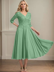A-line V-Neck Tea-Length Chiffon Lace Mother of the Bride Dress With Beading Sequins