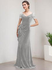 Sheath/Column V-Neck Sweep Train Velvet Evening Dress With Cascading Ruffles Beading