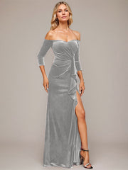 Sheath/Column Off the Shoulder Floor-Length Velvet Evening Dress With Cascading Ruffles