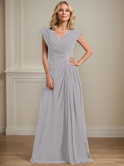 A-line V-Neck Floor-Length Chiffon Mother of the Bride Dress With Pleated Sequins Beading