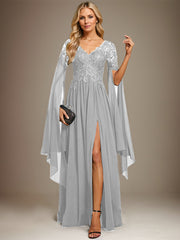 A-line V-Neck Floor-Length Lace Chiffon Evening Dress