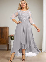 A-line Scoop Illusion Asymmetrical Lace Chiffon Mother of the Bride Dress With Cascading Ruffles