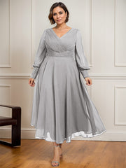 A-line V-Neck Tea-Length Chiffon Mother of the Bride Dress With Pleated