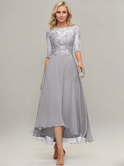 A-line Illusion Boat Neck Asymmetrical Chiffon Lace Mother of the Bride Dress With Sequins Beading
