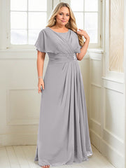 A-line Scoop Floor-Length Chiffon Mother of the Bride Dress With Pleated Beading