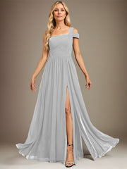 A-line Cold Shoulder One Shoulder Floor-Length Chiffon Evening Dress With Pleated