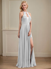 A-line Illusion Scoop Floor-Length Chiffon Evening Dress With Appliques Lace