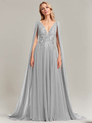 A-line V-Neck Sweep Train Lace Chiffon Evening Dress With Sequins