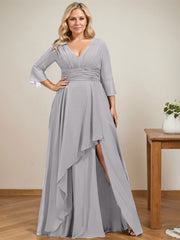 A-line V-Neck Floor-Length Chiffon Mother of the Bride Dress With Cascading Ruffles