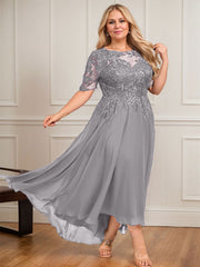 A-line Scoop Illusion Asymmetrical Lace Chiffon Mother of the Bride Dress With Sequins