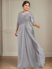 A-line Scoop Illusion Floor-Length Chiffon Lace Mother of the Bride Dress With Beading Sequins Cascading Ruffles