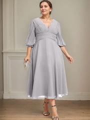 A-line V-Neck Tea-Length Chiffon Mother of the Bride Dress With Pleated