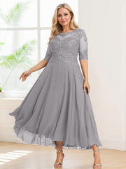 A-line Illusion Boat Neck Asymmetrical Chiffon Lace Mother of the Bride Dress With Sequins Beading