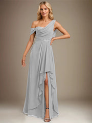 A-line Asymmetrical Floor-Length Chiffon Evening Dress With Cascading Ruffles Appliques Lace Sequins